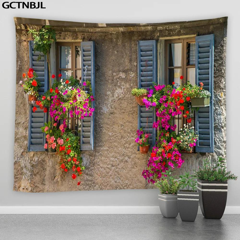 Landscape Tapestry Flowers Plant Retro Style Old Door Rural Scenery Wall Hanging Big Tapestries Bedroom Background Decor Blanket