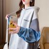 Women's Hooded Long Sleeve Oversized Casual Top Color Block Denim Splicing Letter Print Loose Fashion Hoodie Blouse