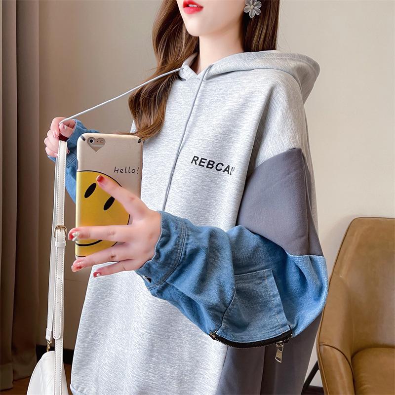 Women's Hooded Long Sleeve Oversized Casual Top Color Block Denim Splicing Letter Print Loose Fashion Hoodie Blouse