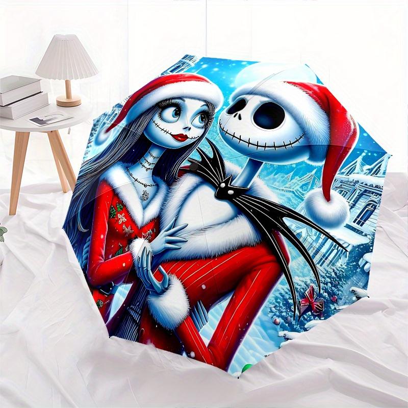 1 Ombrello Portatile Colorato con 8 stecche, a Tema Jack Skellington e Sally, Apribile Automaticamente, per Uomo e Donna, un Compagno Compatto per il Pendolarismo Adatto per Da