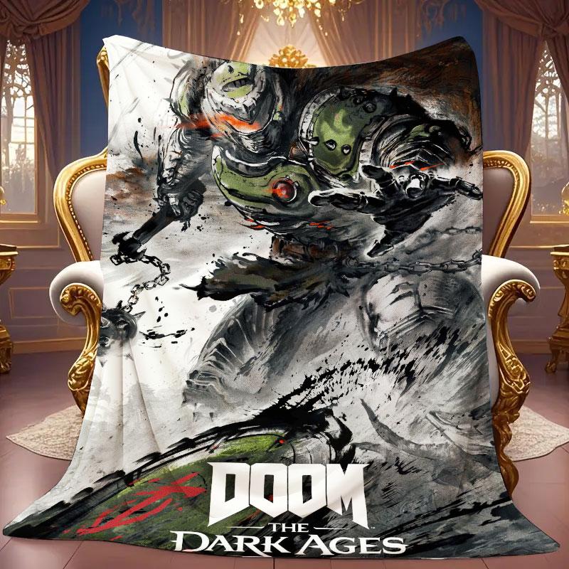 1Pc DOOM Print Flannel Blanket, High quality Comfortable for All Seasons, Home Decor, Warmth and Comfort, Perfect for Christmas Gifts
