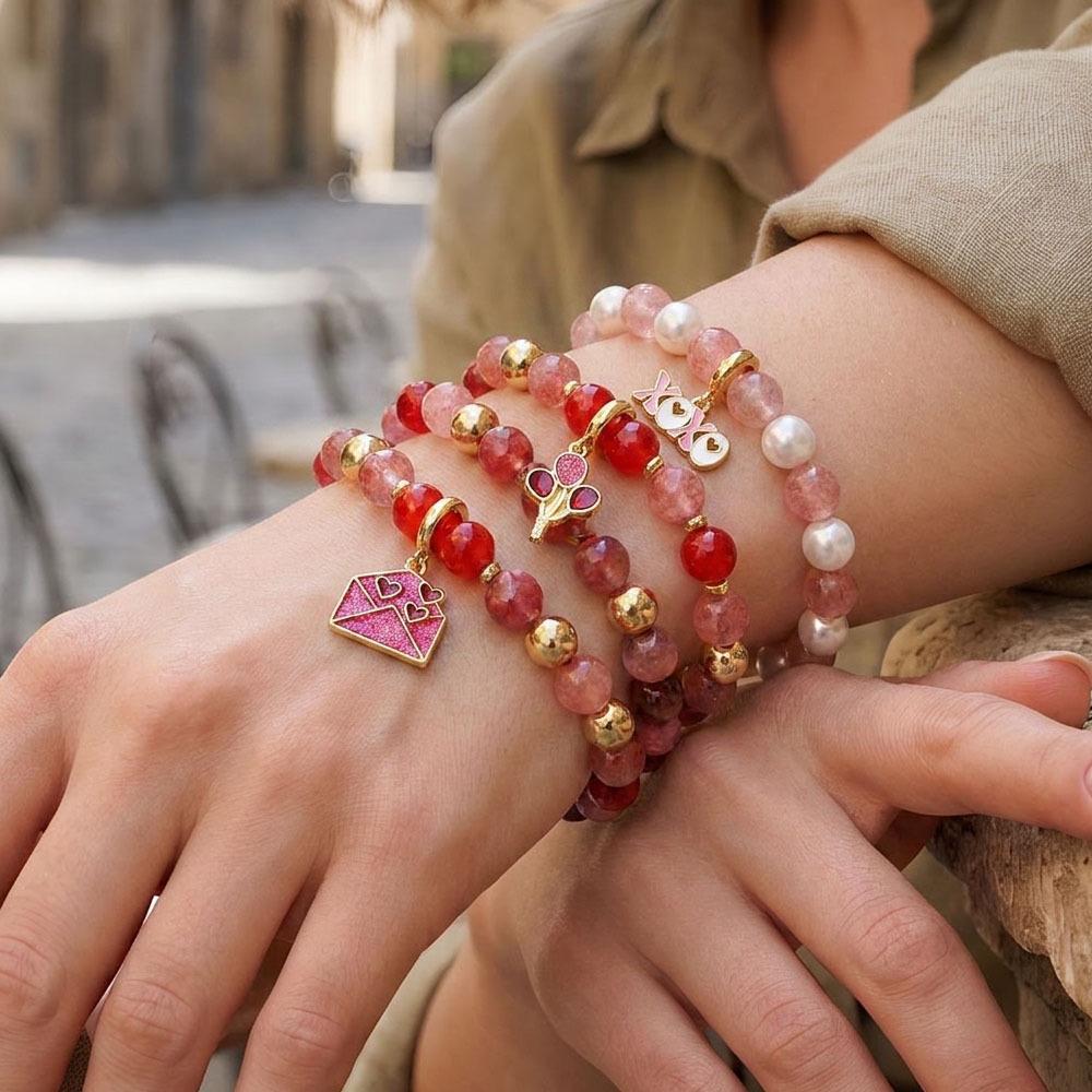 Elegant Handmade Beaded Semi-Precious Stone Bracelet with 18K Copper-Plated Heart LOVE Pendant