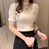 Top tricotat subțire cu mâneci bufante și gât semi-înalt pentru femei, strat de bază chic cu mâneci medii pentru primăvara/vara 2025