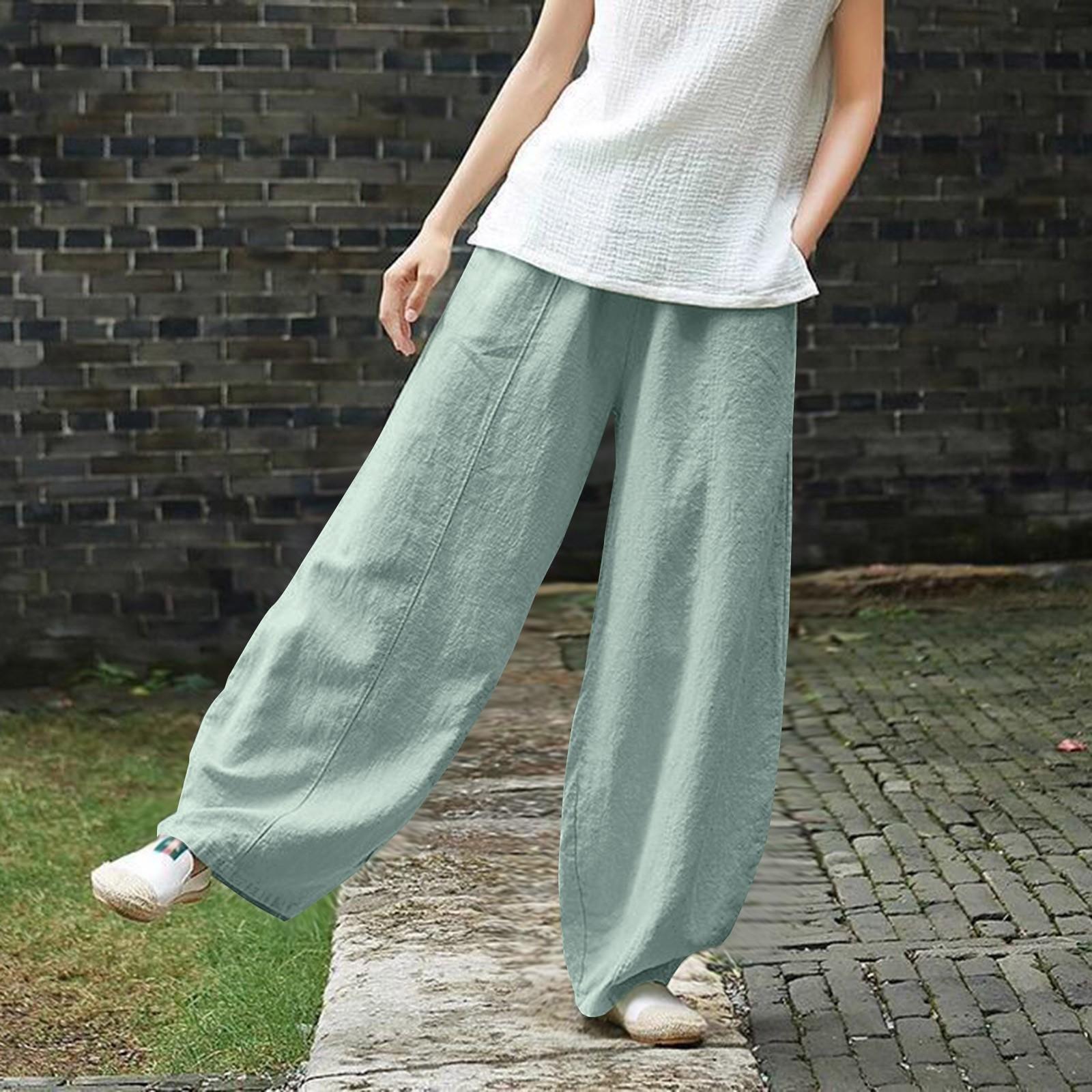 

Женские модные свободные повседневные однотонные брюки из хлопка и льна с карманами S зелёный