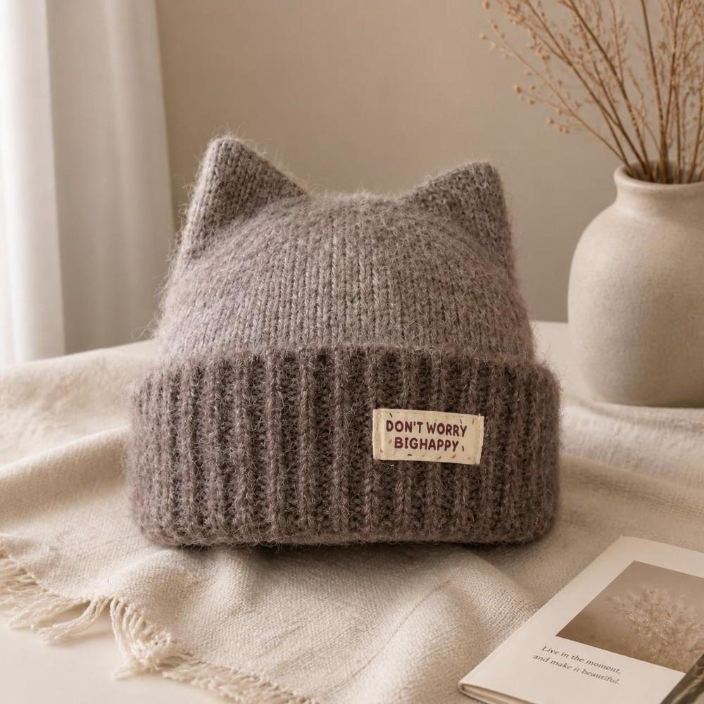 56-58cm Fleece Lined Knitted Hat Polyester Earflap Hat Casual Cat Ear Beanie For Students