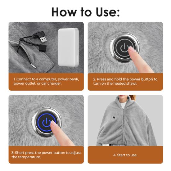 USB Heated Shawl Blanket with Double-Layer Soft Flannel Polar Fleece 3 Temp Levels Portable Electric Wrap
