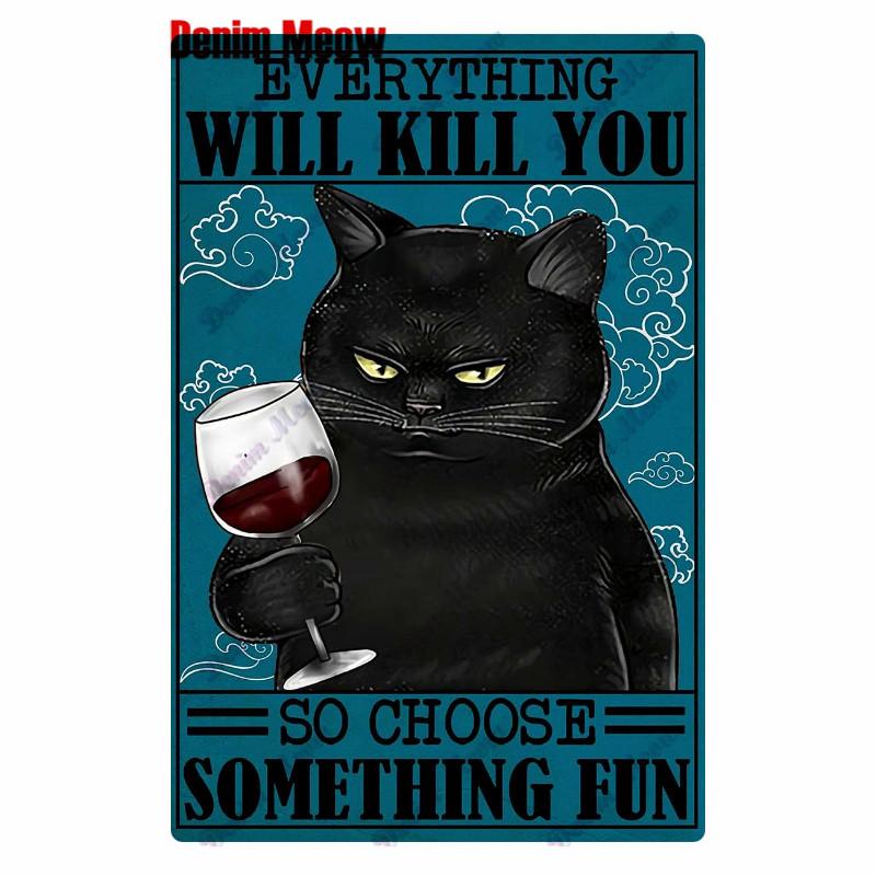 Vintage Turquoise Cat Metal Poster, I Drink Wine Wall Tin Sign, Retro Frogs, Wine Plate for Elf Bar, Pub and Garden Decor, WY52