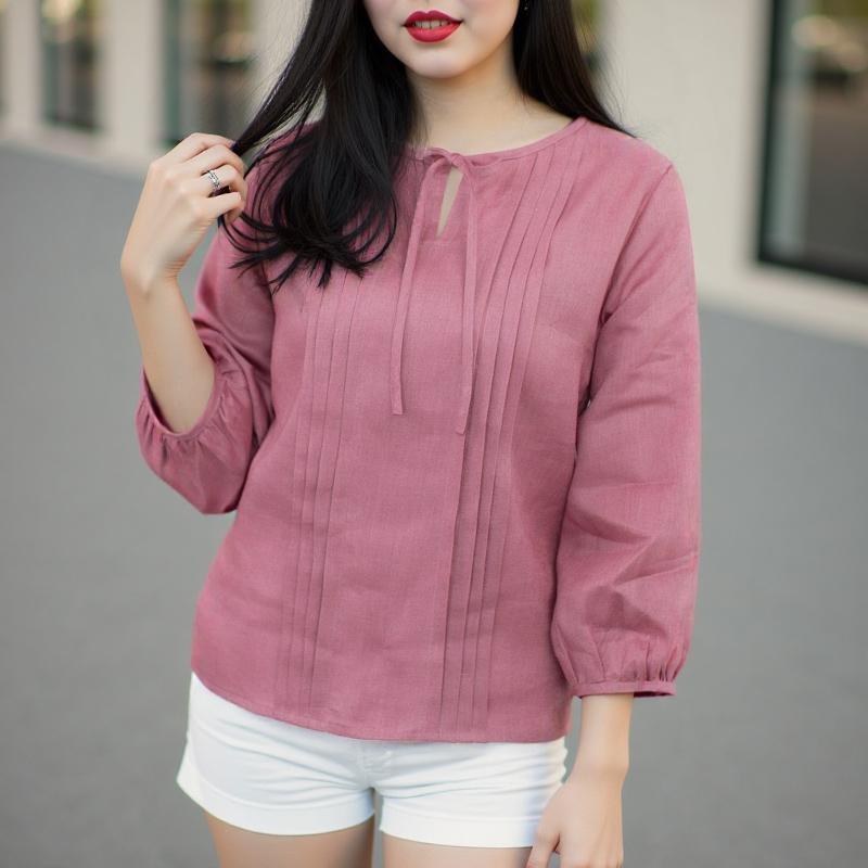 

ZANZEA Женская повседневная блузка с круглым вырезом и рукавами 3/4 однотонная свободного кроя XL камео розовый