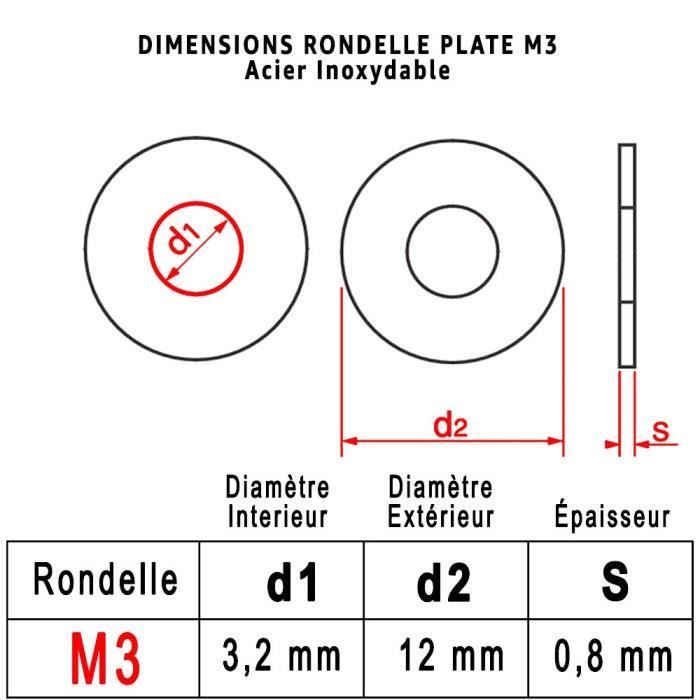 Rondelle M3 - PROTORX - Acier Inoxydable A2 - Boite De 50 Pcs - Diamètre 3,2mm - Large