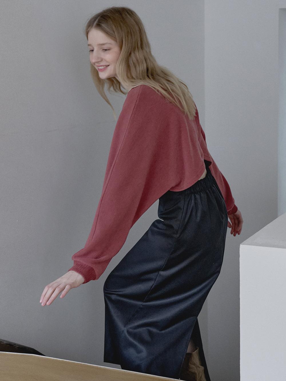 Avang Back Slit Crop Knit T-Shirt - Brick