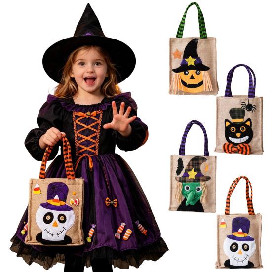 Kindergarten Activity Bags Halloween Candy with Handles, Non Woven Trick or Treat Totes Reusable Linen Sacks for Kids, Black Cat Pumpkin Ghost Goodie