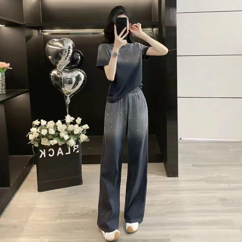 Korean Style Gradient Summer Set: Fashionable Casual Short Sleeve & Wide-Leg Pants Two-Piece for Women