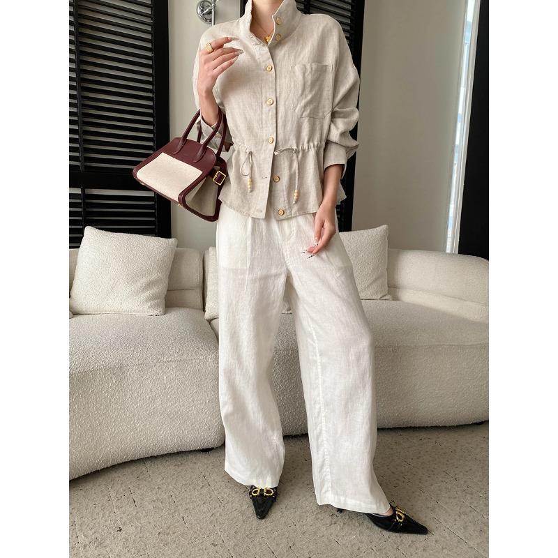 Sinan Tencel Linen Drawstring Wide-Leg Floor-Length Casual Pants SN8668 Small белый