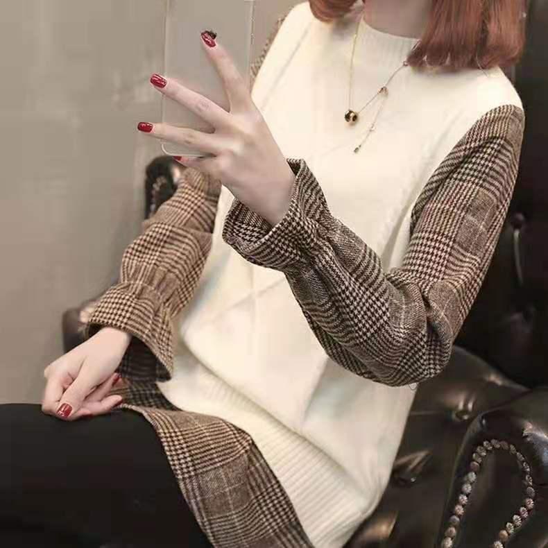 Damskie zimowe swetry dwuczęściowe z dzianiny College Wind Swetry z długim rękawem Luźne patchworkowe swetry projektantów Topy