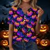 Women's Casual Halloween Print V Neck Short Sleeve Button Front T Shirt Lightweight Top for Everyday Wear