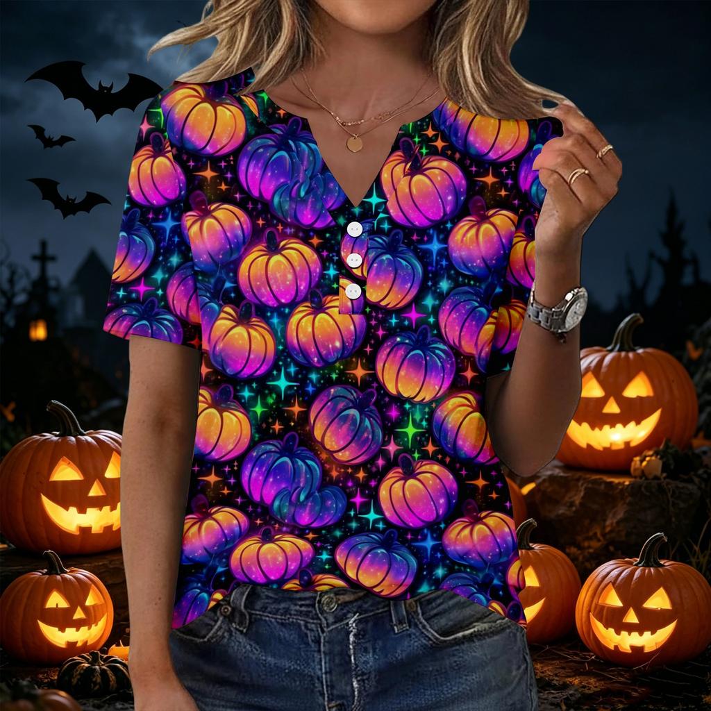 Women's Casual Halloween Print V Neck Short Sleeve Button Front T Shirt Lightweight Top for Everyday Wear