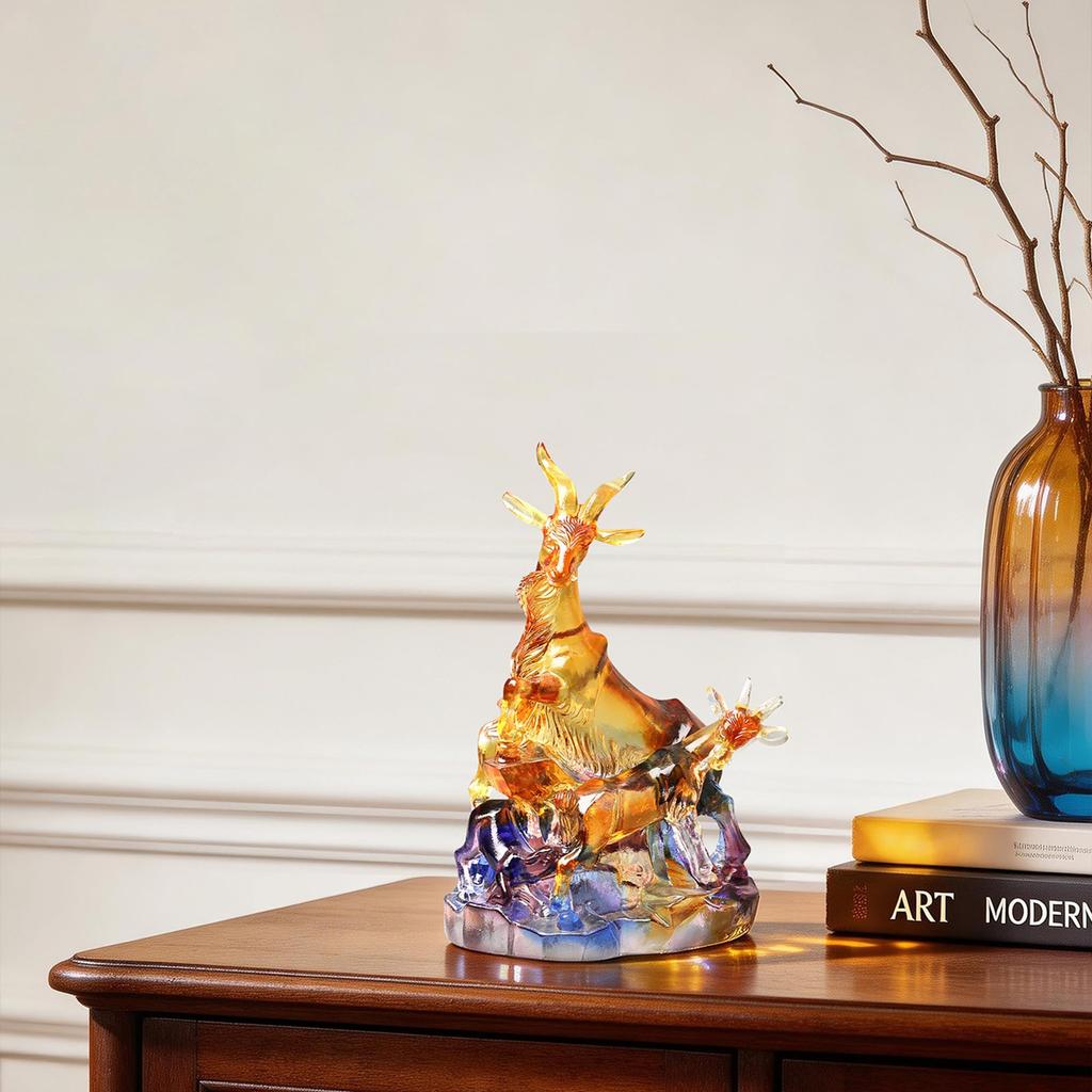 Aris & Juno Five Goats Statue, LIULI Chinese Blessing Decor, Traditional Oriental Home Office Feng Shui