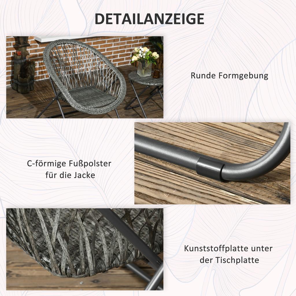 Garden Furniture Set, 3-Piece, Rattan Look, 2 Chairs, 1 Table, Foldable, Grey