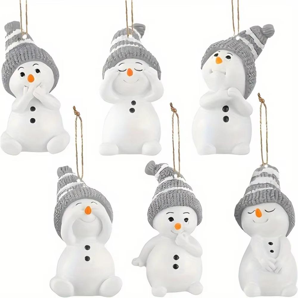 

6Pcs Cute Christmas Snowman Pendant Wooden Cartoon Snowman Christmas Tree Pendant Hanging with Lanyard