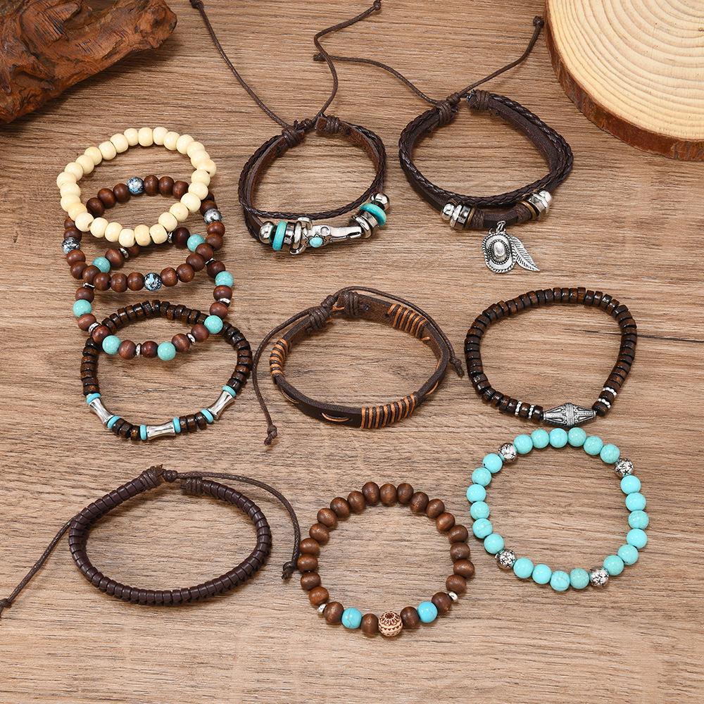 Retro Bull Head Cowboy Hat & Multi-layer Handwoven Leather Bracelet Set (11 Pcs) for Men
