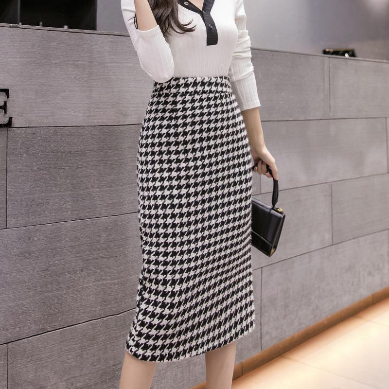 

Осень Зима Элегантная Мода Принт Гусиная Лапка Юбки-карандаш Офисная Леди Высокая Талия Темперамент Все-сочетаемая Юбка Bodycon с Разрезом XL чёрный