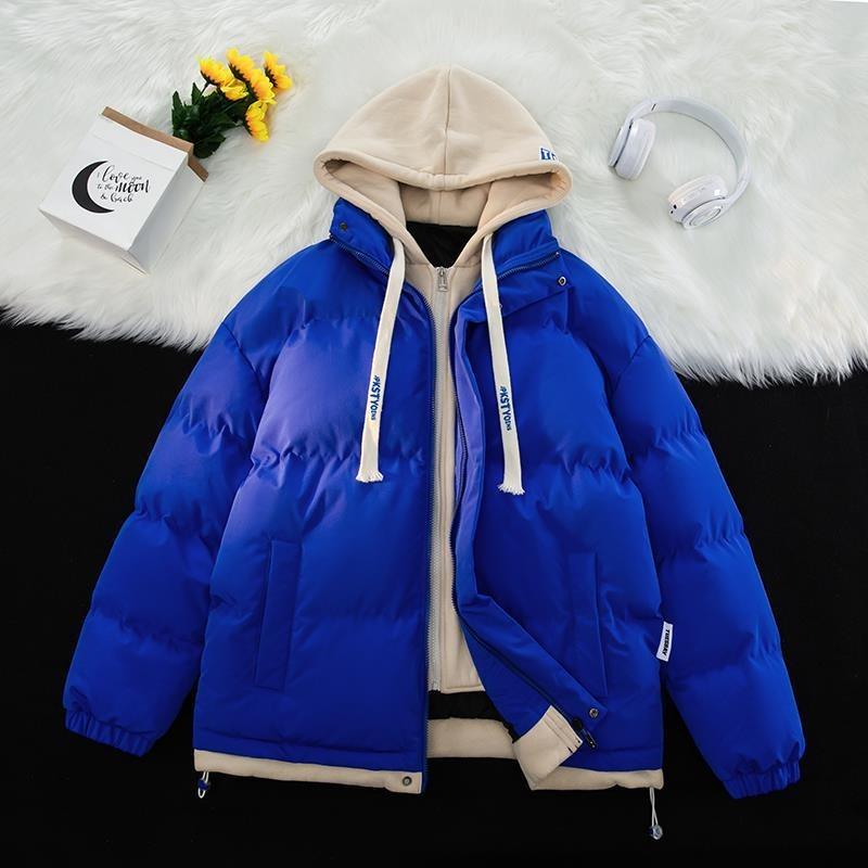 Winter new fake two-piece hooded cotton-padded jacket men's short loose thickened cotton-padded jacket winter bread-padded jacket