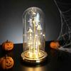 Decorative Ghost Figurine Halloween Indoor Light Up in Dome Cloche, Cute 3 Mini Scene Prop Night with Warm LED for Party Home Table Kitchen Fireplace