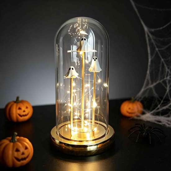 Decorative Ghost Figurine Halloween Indoor Light Up in Dome Cloche, Cute 3 Mini Scene Prop Night with Warm LED for Party Home Table Kitchen Fireplace
