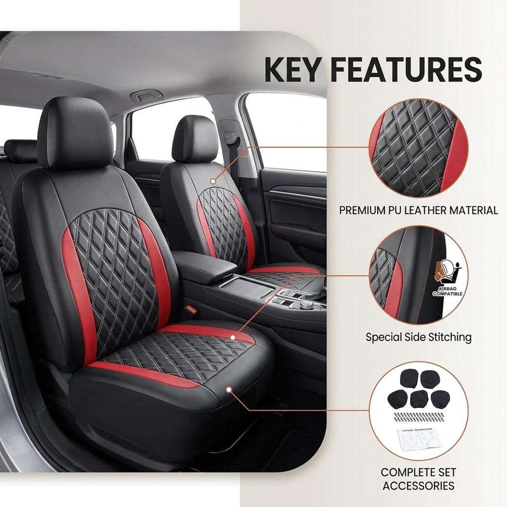 Full Set Car Seat Covers, Universal Fit PU Leather Front and Rear Seat Protectors, Airbag Compatible Automotive Seat