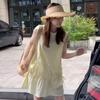 Holiday style solid color vest pleated dress women's summer new pocket, loose waist short skirt A-shaped skirt