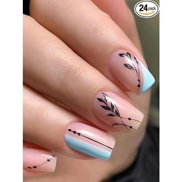 

Акриловые накладные многоразовые искусственные накладные ногти с черными листьями в розовом и черном цвете с клеевым листом