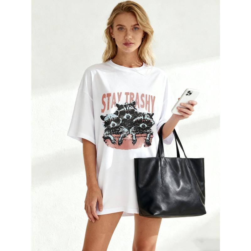 Oversized T Shirt Black Stay Trashy Raccoons With Sunglasses Print Casual Wear For Women Summer Outfit Streetwear Fashion Top