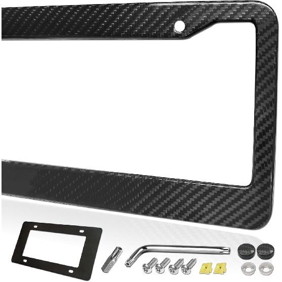 Carbon Fiber License Plate Frame- Stainless Steel Car Tag Holder Wrapped with Real Carbon Fiber, 4 Hole Slim Design, Anti-Theft Screws Caps,