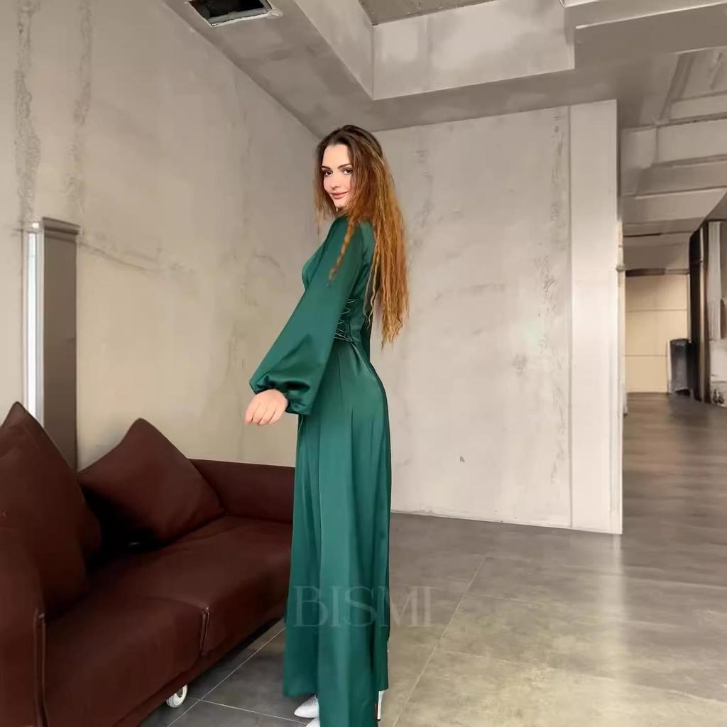 2024 Spring European & American Lace-Up Waist Puff Sleeve Long Dress