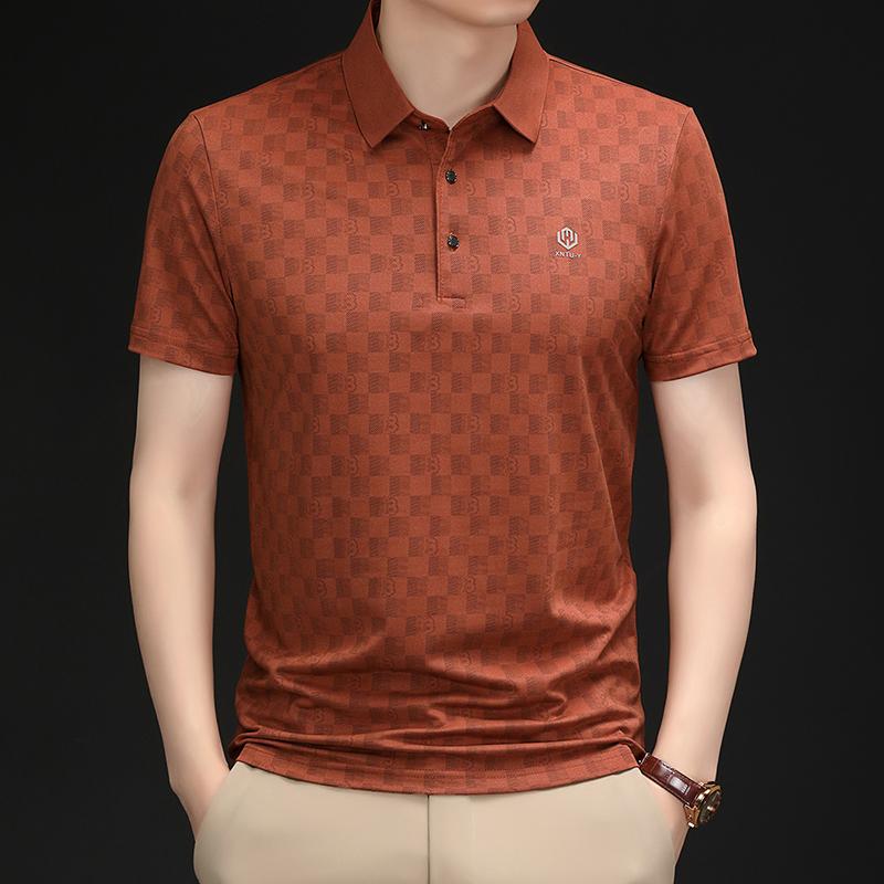 Summer Men's Plaid Printed Polo Shirt High-End Brand Business Leisure Seamless Short Sleeved Cool Lapel T-shirt Men's Clothing