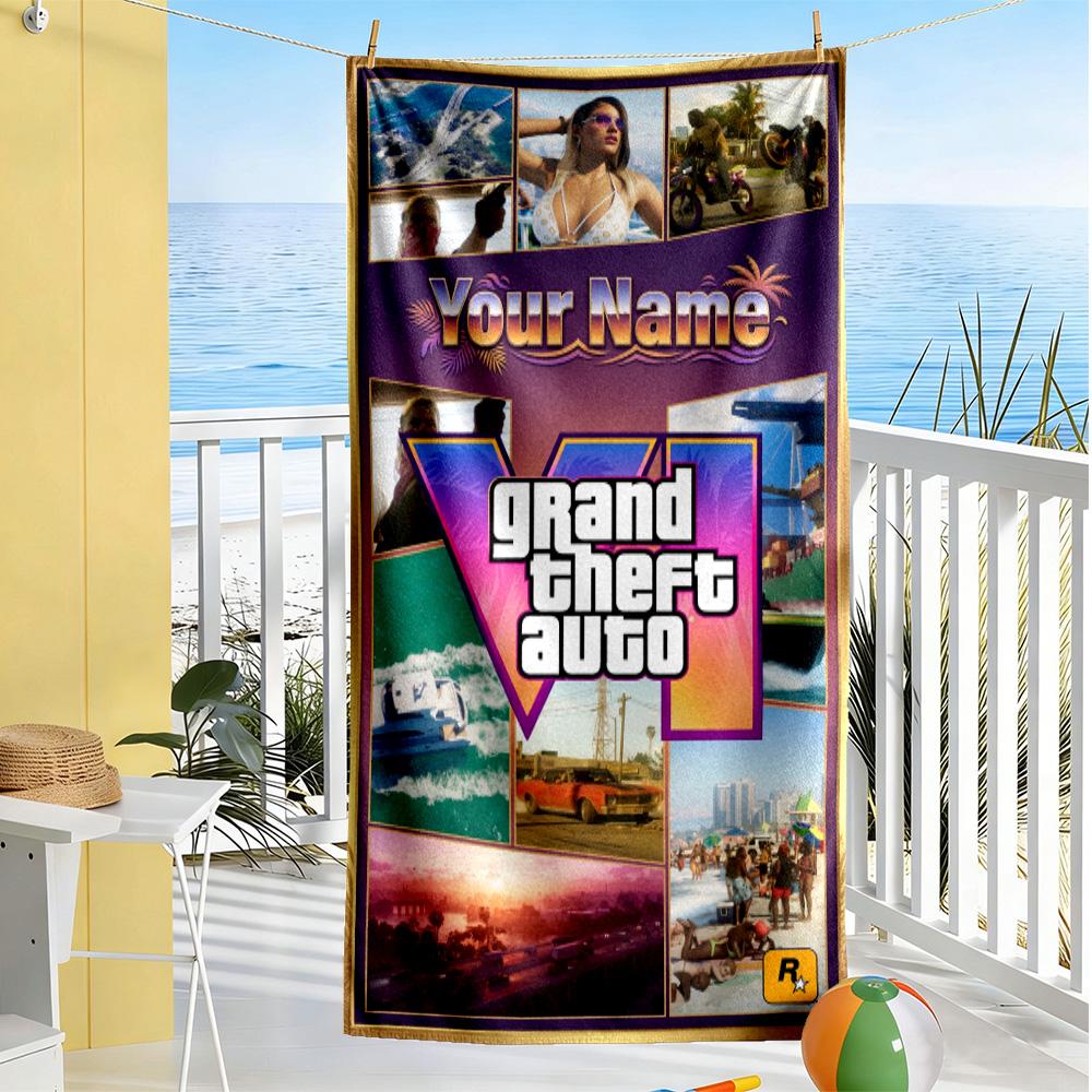 Grand Theft Auto Customize Your Name Beach Towel High Absorbency & Quick-Dry Suitable for Sports Travel Swimming Yoga Bathroom Beach And Pool