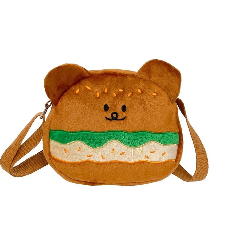 Soft Velvet Hamburger Bear Crossbody Bag With Embroidery For Daily Use