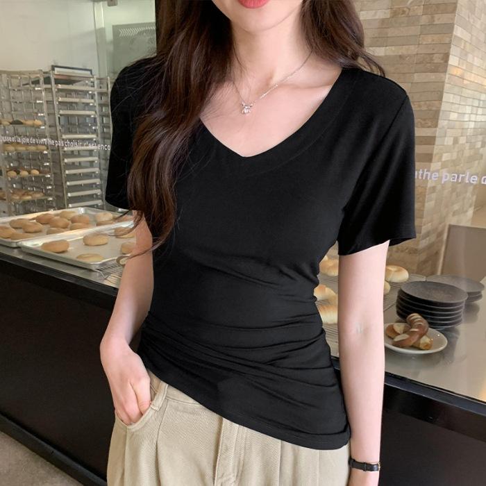 

Special v-neck front shoulder short-sleeved T-shirt for women s summer new slim-fitting tight-fitting waist and bottomed shirt top XL чорний
