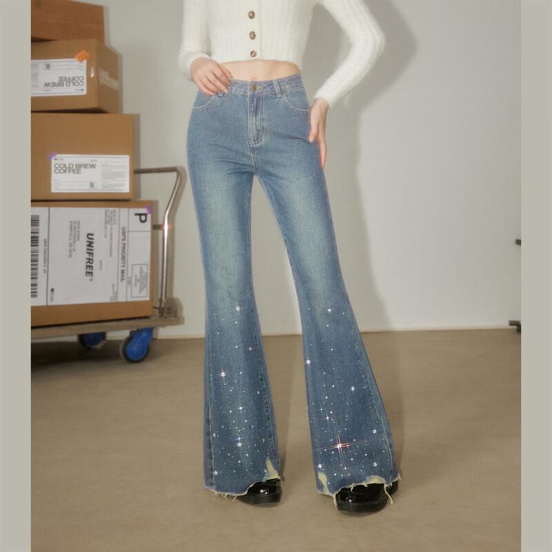 UNIFREE Rhinestone Flared Wide-Leg Jeans