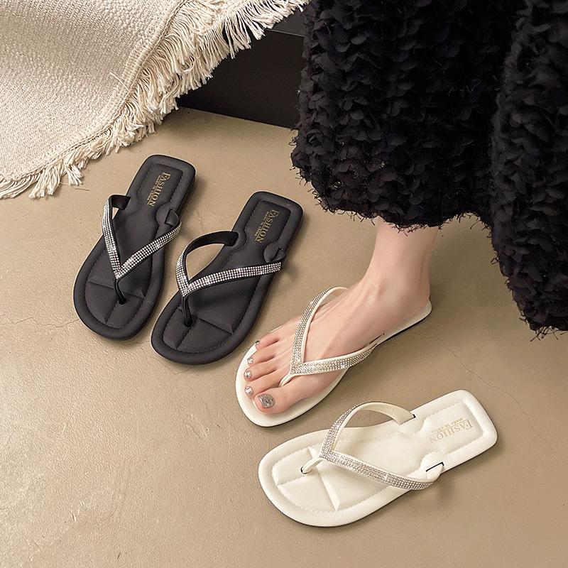 Summer French niche rhinestone minimalist flip-flops soft and comfortable flat-bottomed slippers outside casual beach sandals