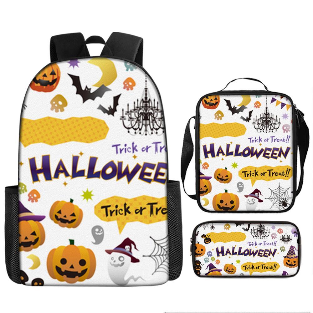 Halloween Backpack Pumpkin Ghost 3-Piece Set Schoolbag Kids Shoulder Bag Cute Bookbag for Boys Girls