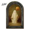 Decorative Halloween Desktop Accents Arched Wooden Wall Hanging Plaque, Double-Layer Distressed Ghost Cat Ornament, Rustic Tabletop Signs Gothic