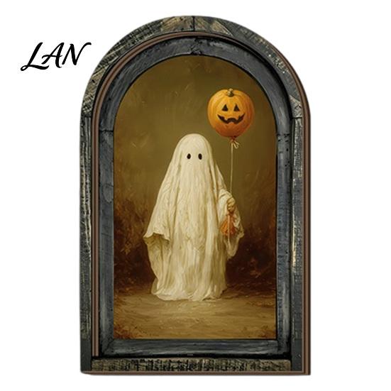 Decorative Halloween Desktop Accents Arched Wooden Wall Hanging Plaque, Double-Layer Distressed Ghost Cat Ornament, Rustic Tabletop Signs Gothic