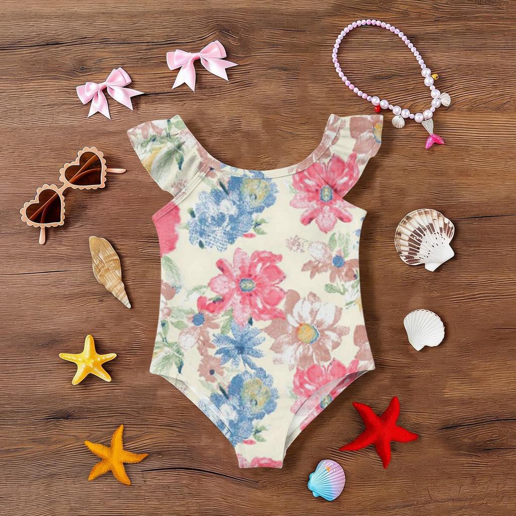 Girls One Piece Swimsuit Floral Print Sleeveless Ruffle Shoulder Design Lightweight Comfortable Fabric Suitable for Summer Beach Pool Swimwear