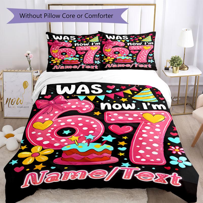 3PC Custom Name Happy 67th Birthday! Bedding Set Printed  Bedding Set Duvet Cover Closure Includes 1 Duvet Cover & 89 Pillowcases for Bedroom
