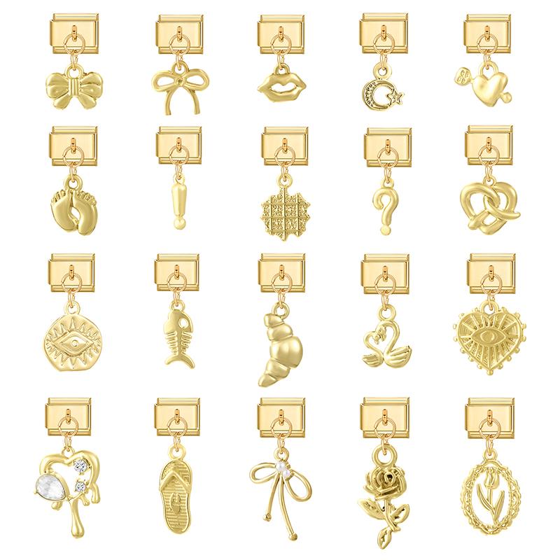 Gold Color Heart Lips Bow Knot Rose Swan Fishbone Pendant Charm Links Fit 9mm Stainless Steel Bracelet DIY Making Men Women Gift