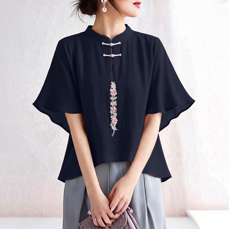 ZANZEA Women Stand Collar Casual 3/4 Sleeve Embroidery Print Loose Blouse