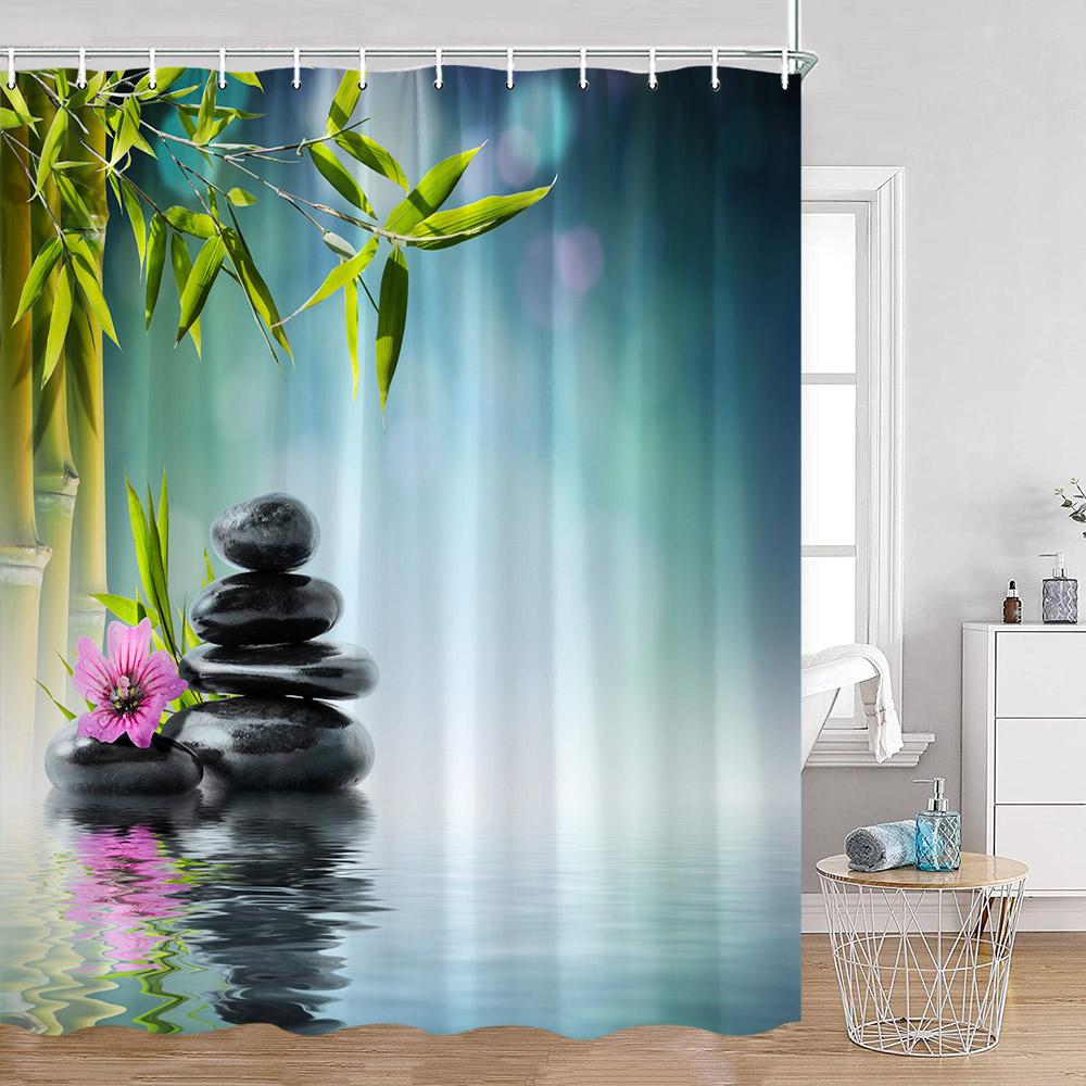 Zen Green Bamboo Shower Curtain Orchid Buddha Meditation Black Stone Candle Stream Plant Bathroom Decor Polyester Bath Curtain
