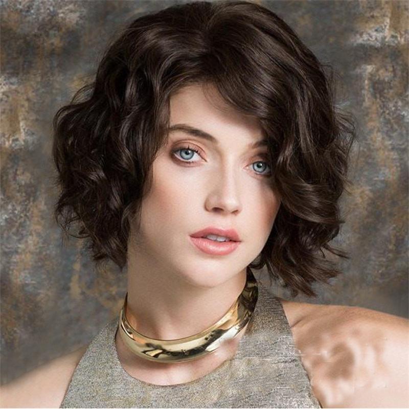 

Synthetic Elegant Short Curly Wave Hair Brown Bob Wig Side Parting Wig for Women Natural Fluffy Daily Cosplay Party Use