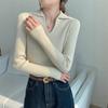Polo collar long-sleeved knitted sweater women's clothing early autumn new waist slim-fit sweater with bottoming shirt top